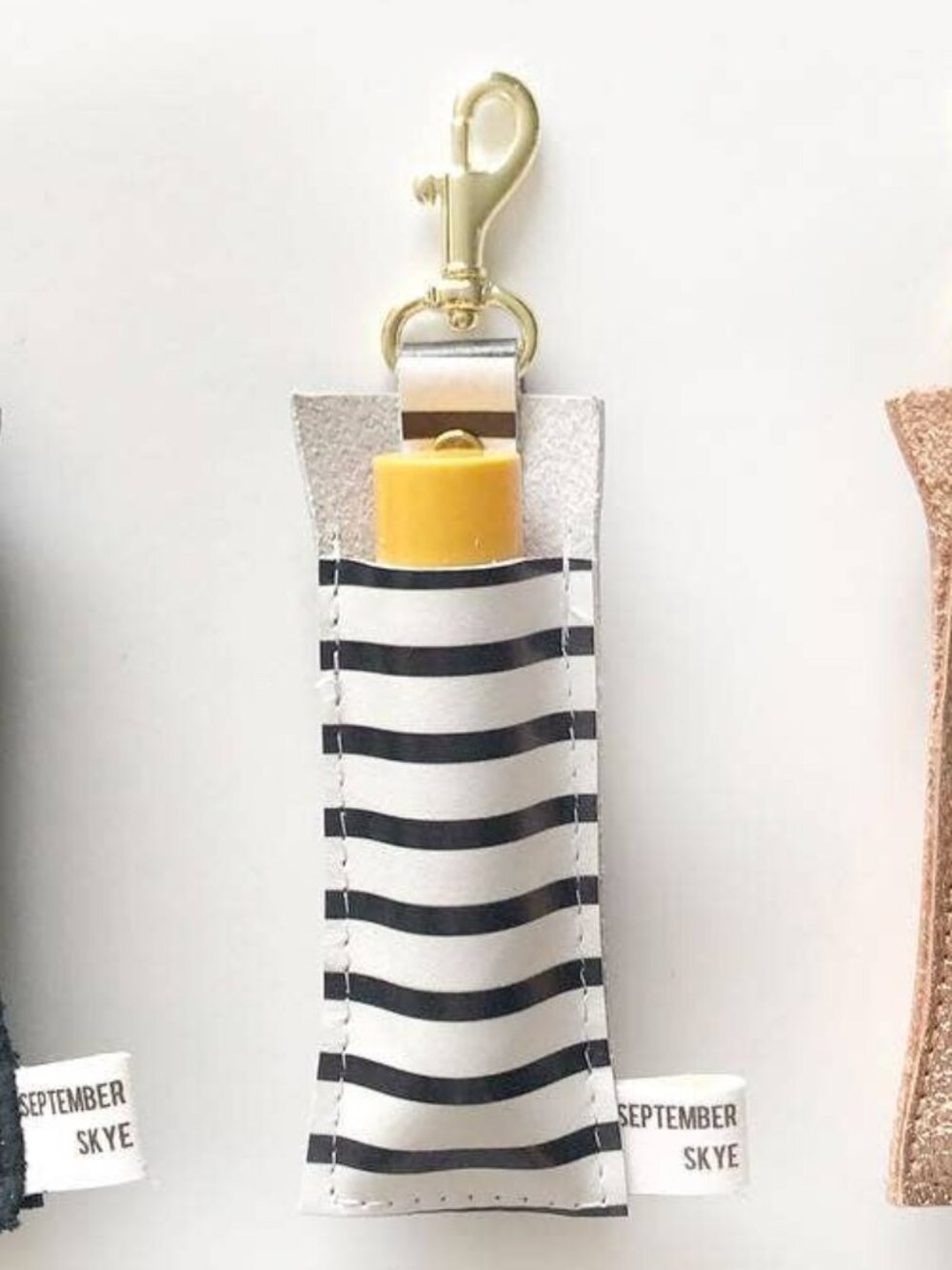 Genuine Leather Lip Balm & Lipstick Holder Keychain — Black & White Stripe